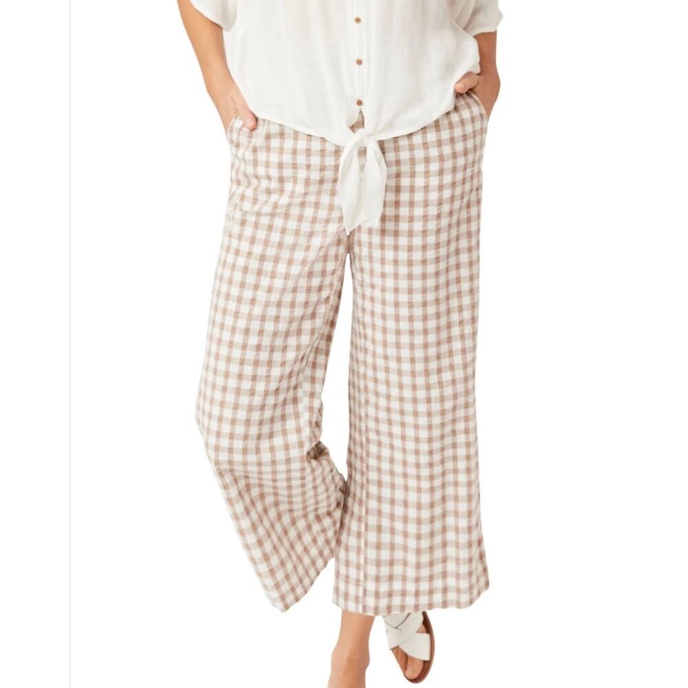 Ellos Women’s Plus Size 22 Tan White Gingham Wide Leg Pants 100% Cotton Elastic